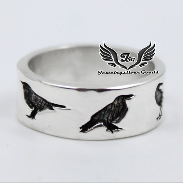 Crow Band Ring, 925 Sterling Silver, Statement Ring, Flying crow Ring, Raven Ring, Bird Wedding Ring, Gift For Her, Handmade Jewelry