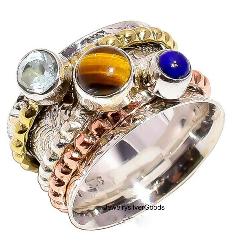 Lapis Lazuli Jewelry Co-483 Tiger Eye Crystal 925 Sterling Silver Spinner Ring