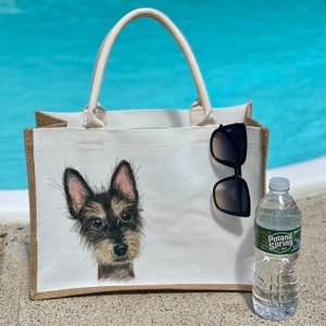 Portrait personnalisé de visage d’animal de compagnie de chien peint à la main sur un sac à provisions réutilisable Tote Purse