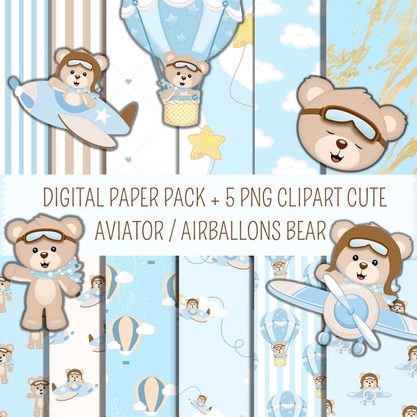 Digital paper pack + 5 png clipart cute aviator / air balloon bear / baby shower, birthday clipart