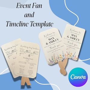 Może przedstawiać: Szablon wachlarza i harmonogramu wydarzeń. Obraz przedstawia kilka wachlarzy weselnych z drewnianymi uchwytami. Na wachlarzach znajduje się tekst "Witamy na weselu Max & Ashley" i "Oś czasu dnia ślubu". Wachlarze mają grafiki kwiatowe i harmonogramu.