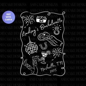 Pu&ograve; includere: Un'illustrazione in bianco e nero di un addio al nubilato a Nashville, Tennessee. L'illustrazione include un cappello da cowboy, un ferro di cavallo, una palla da discoteca, un bicchiere di margarita, fuochi d'artificio, una macchina fotografica, un anello di diamanti e il testo "Lindsey's Bachelorette Nashville, TN 2025".