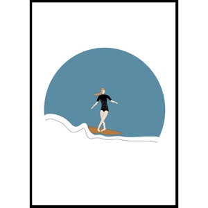 Plakat z nadrukiem Longboard Surfer: Minimalistyczna sztuka fal, plakat na papierze matowym