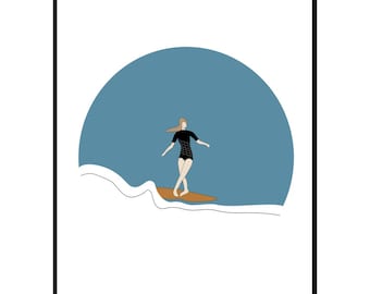 Longboard Surfer Druck: Minimalistische Wellen Kunst, Matte Papier Poster