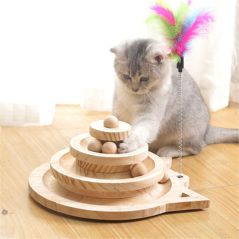 Pet Interactive Toy Cat Toys Three Layer Wooden Turntable Pet Etsy