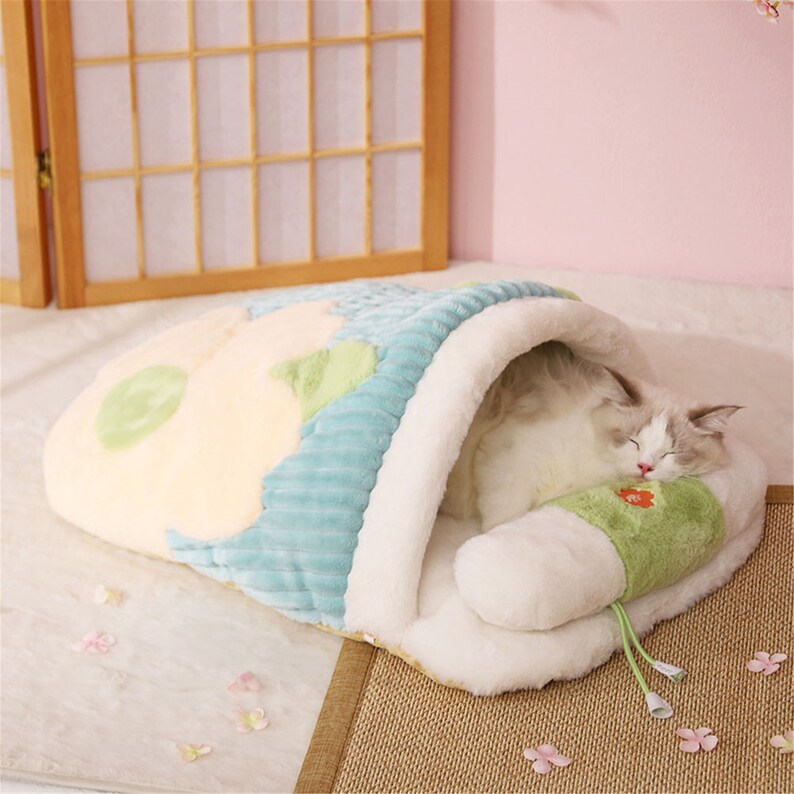Super Warm Cat Bed Pet Sleeping Bag With Removable Pillow Etsy