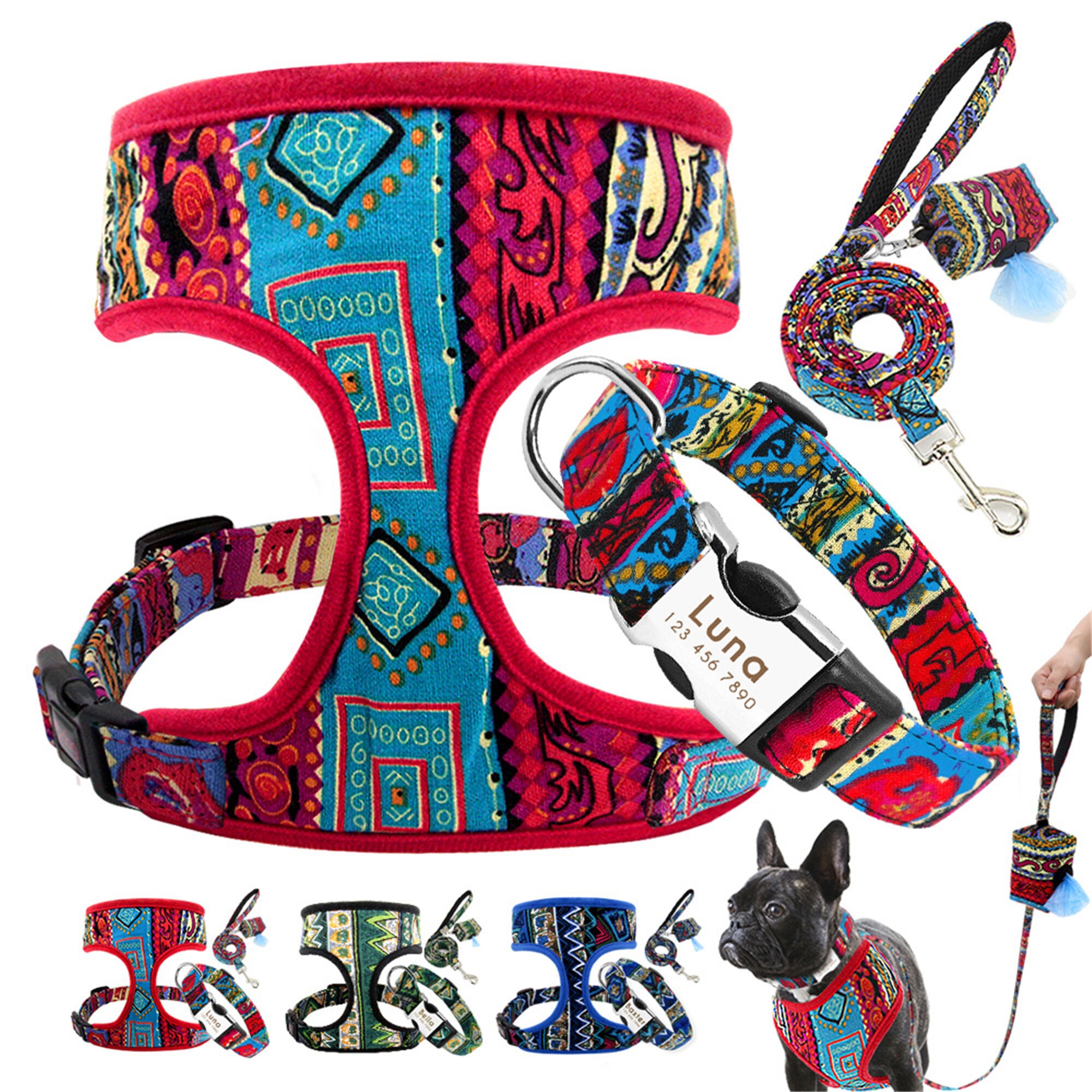 Personalized Nylon Dog Collar Leash Harness Poop Bag Set Etsy
