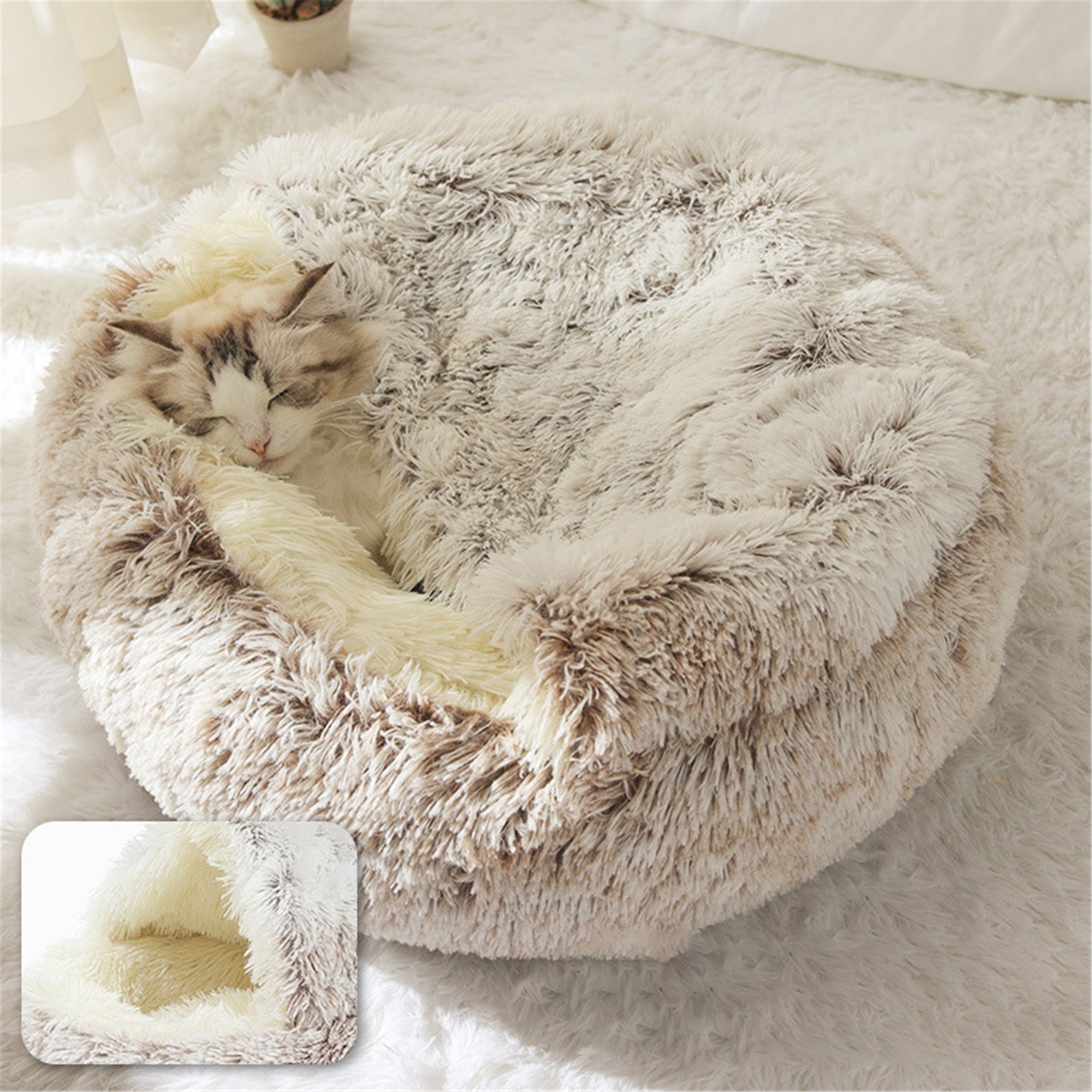 Cat Bed Round Plush Cat Warm Bed House Soft Long Plush Pet Dog Etsy