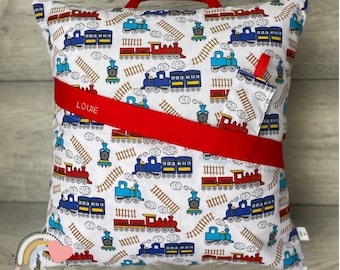 Trains Reading Cushion with matching bookmark, Birthday gift, unique gifts, book lovers, children’s reading pillow, book pillow