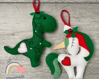 Christmas tree decorations/ hanging ornaments - felt Unicorn & Dinosaur, Tree decorations, Stocking fillers, Unique gifts