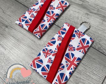 Union Jack heart Pocket Tissue/ hand wipes holder with key ring, teachers gifts, birthday gift, handy holder