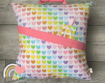 Pastel Rainbow Hearts Reading pillow/ cushion, Unique gifts, Book lovers gift, children’s  decor, Book pillow, Birthday gift