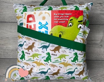 Dinosaur Reading Cushion with matching bookmark, Birthday gift, unique gifts, book lovers, children’s reading pillow, book pillow