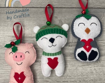 Christmas tree decorations, felt penguin, felt polar bear, Christmas pig, stocking fillers, tree ornaments, gifts