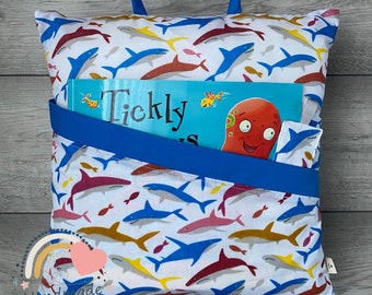 Shark Reading Cushion with matching bookmark, Birthday gift, unique gifts, book lovers, children’s reading pillow, book pillow