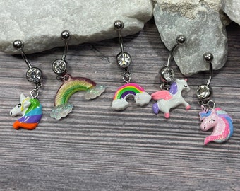 5PC Belly Button Rings Dangle Set Rainbow Unicorn Glitter 14G Stainless Steel Bar CZ Gem Women Body Piercing Jewelry Navel