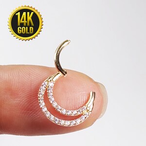 14K Gold Clicker Scharnierende Neusring Septum Hoop Double Lined CZ 16g 8mm Daith Ear Tragus Cartilage Body Sieraden Piercing