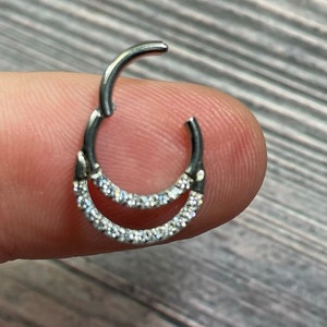 Clicker Titanium Hinged Nose Ring Septum Hoop Implant Grade Double Lined CZ 16g 8mm 10mm Daith Ear Tragus Cartilage Body Jewelry Piercing