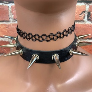 Choker Spiked Collar Faux Leather 2 PC Goth Henna Tattoo Elastic Stretchy Necklace Black Steel Metal Ring