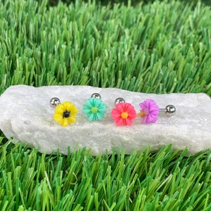4PCS Tragus Earring Flower Daisy Piercing Multi Color Stud Barbell Set Surgical Steel Cartilage 16G (1.2mm)
