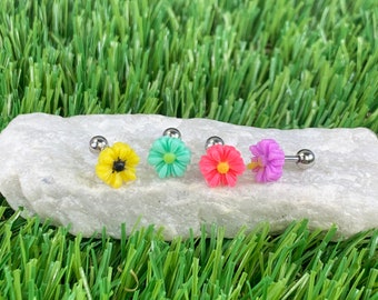 4PCS Tragus Earring Flower Daisy Piercing Multi Color Stud Barbell Set Surgical Steel Cartilage 16G (1.2mm)