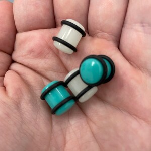 May include: A set of four ear gauges, two are white with black trim and two are turquoise with black trim.