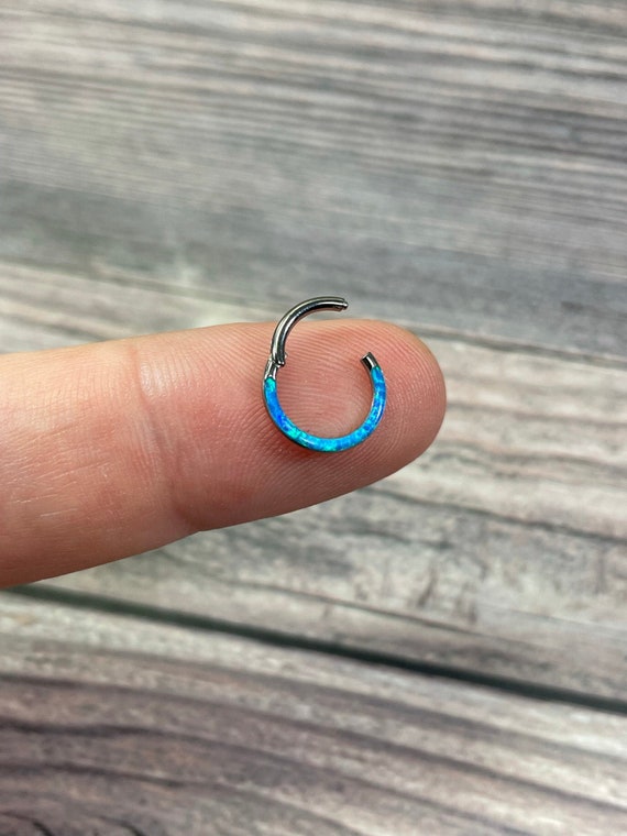 Implant Grade Titanium Blue Opal Inlay Septum Daith Clicker Hinged Hoop Ring Implant Grade Titanium Blue Opal Inlay Septum Daith Clicker Hinged Hoop Ring