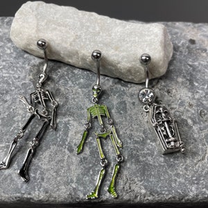 Skeleton Belly Rings Dangle Navel Coffin Gothic Jewelry 14G Surgical Steel Bling Sparkly Crystals CZ