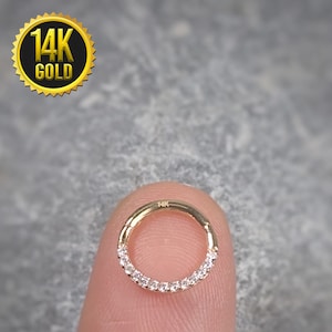 14K Gold Clicker Hinged Nose Ring Septum Hoop CZ 16g 8mm Daith Ear Tragus Cartilage Body Jewelry Piercing