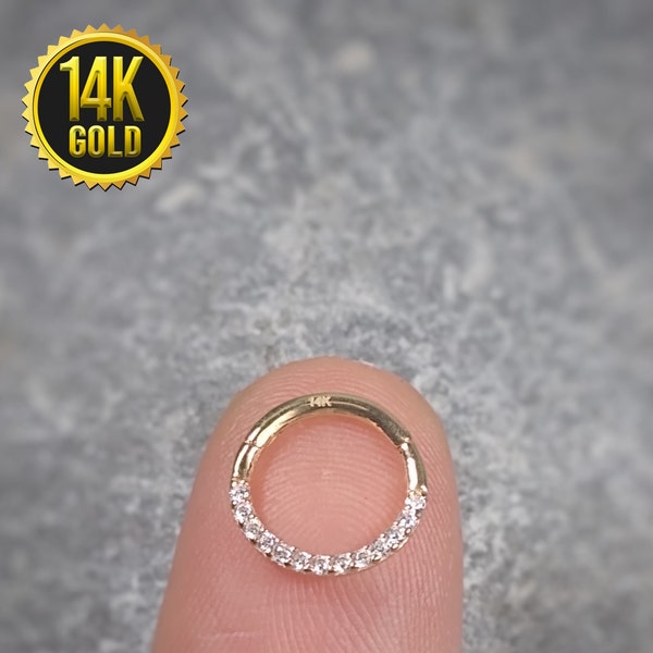 14K Gold Clicker Hinged Nose Ring Septum Hoop CZ 16g 8mm Daith Ear Tragus Cartilage Body Jewelry Piercing