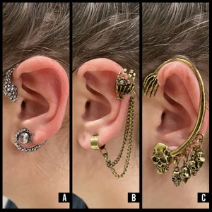 Gothic Halloween  Cuff Earrings Skull Kit 3 Pieces Cartilage Earrings  Piercing Jewelry Owl Anchor Skull