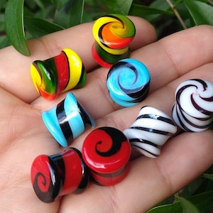 8 Pc Ear Glass Saddle Plugs Gauges Multi Color Variety Double Flare  Kit Swirl Spiral Stretching Expander Set 4G-14mm W/ Aftercare Balm