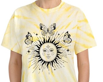 Koszula motylkowa Koszula słoneczna Koszulka z nadrukiem motyli Tie Dye Koszulka mistyczna czarownica Słońce wschodzące Top
