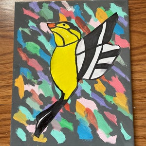 small, colorful, canvas art, bird, with yellow, blue, pink, orange, green, and red.