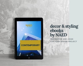 Pode incluir: Um tablet preto exibindo a capa de um livro digital com uma imagem de um arranha-céu azul e prateado. O texto da capa diz "NXED" e "CONTEMPORARY". O texto abaixo do tablet diz "decor & styling ebooks by NAED", "INSPIRATION AND IDEAS" e "FOR YOUR DESIGN PROJECT".