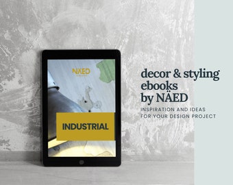 Pode incluir: Um tablet digital que exibe uma imagem de capa para um ebook intitulado "Industrial" de NXED. O ebook faz parte de uma série de ebooks de decoração e estilo de NÄED, que oferecem inspiração e ideias para projetos de design.