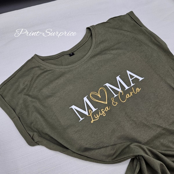 Lässiges Mama Oversize T-Shirt mit Ärmelaufschlag personalisiert Mama Muttertag Kinder