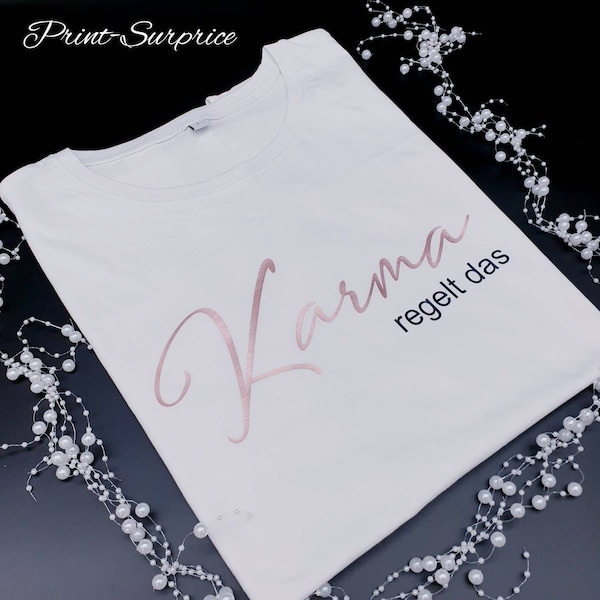 Damen Oversize T-shirt mit Ärmelaufschlag weiß Karma momlife Sprüche Motto  Wunschtext angeben