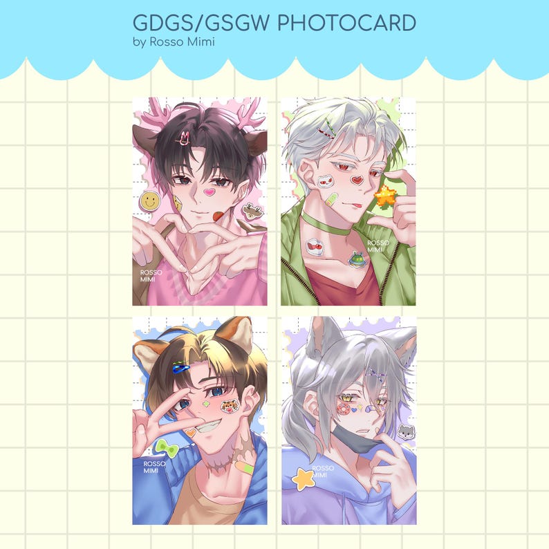May include: Four rectangular photocards titled GDGS/GSGW PHOTOCARD by Rosso Mimi. Each card features an anime-style illustration of a character with animal ears, colorful stickers, and decorative elements against a light grid background.