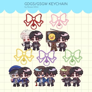 May include: A collection of GDGS/GSGW keychain charms by Rosso Mimi featuring various chibi-style characters in suits and uniforms, paired with colourful bow-shaped metal clasps in red, pink, yellow, purple, and green on a grid background.