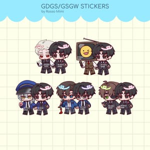 May include: A set of GDGS/GSGW stickers by Rosso Mimi featuring chibi-style characters in various outfits, including suits, uniforms, and a television head. The characters have colourful halos and are depicted in pairs on a light grid background.