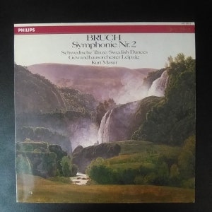 May include: A vinyl record album cover with a landscape painting of waterfalls and mountains. The album is titled "BRUCH Symphonie Nr. 2" with text in German and English. The Philips logo is in the upper left corner.