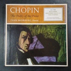 May include: A vintage Chopin album cover featuring a portrait of a man and text. The album title is "The Poetry of the Piano" with the name "Ivan Moravec, Pianist". Additional text includes "All the Ballades, Preludes (Opus 28), Nocturnes".