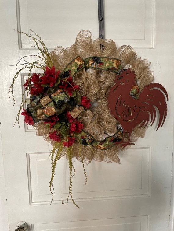 Farmhouse Burlap Mesh Wreath With Flowers and Chickens Etsy