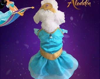 May include: A dog costume inspired by Disney's Aladdin. The costume is a light blue dress with gold trim and a matching headpiece. The Disney Aladdin logo is visible in the background. A cartoon image of Princess Jasmine is also visible.