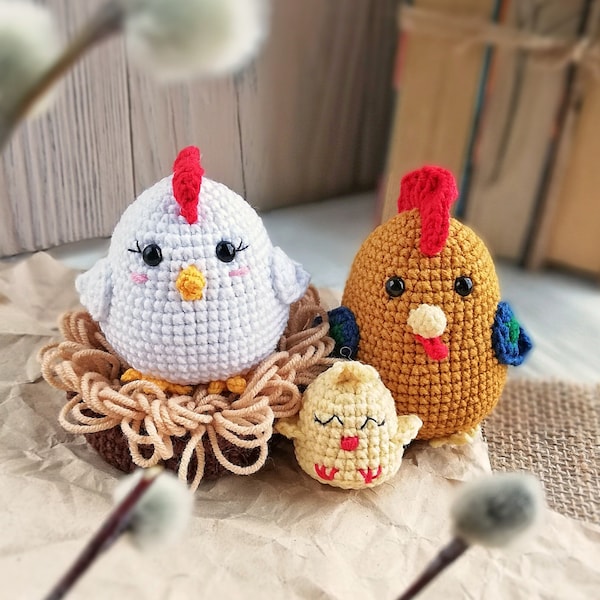 Modèle au crochet famille poulet | Poulet amigurumi | Jouets coq et poule | Modèle d'oiseau au crochet