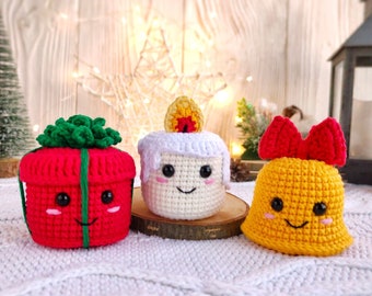 Padrão de enfeites de Natal de amigurumi em crochê: vela, sino, caixa de presente (padrão em PDF)