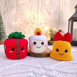 Christmas ornaments CROCHET PATTERN | Amigurumi Christmas PDF pattern | English crochet pattern set of 3: candle, bell, gift box