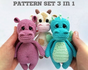 Crochet Toy Pattern : Hippo , Cow , Dragon / Amigurumi Patterns Set 3 in 1 / English PDF Crochet Pattern