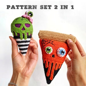 Skull ice cream and skull pizza CROCHET PATTERN set / Amigurumi PDF English pattern set / Halloween toys patterns / Crochet food pattern